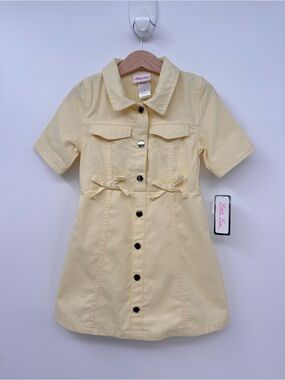 Little Lass Yellow Button Front Shirt Dress with Bows Girls Size 5